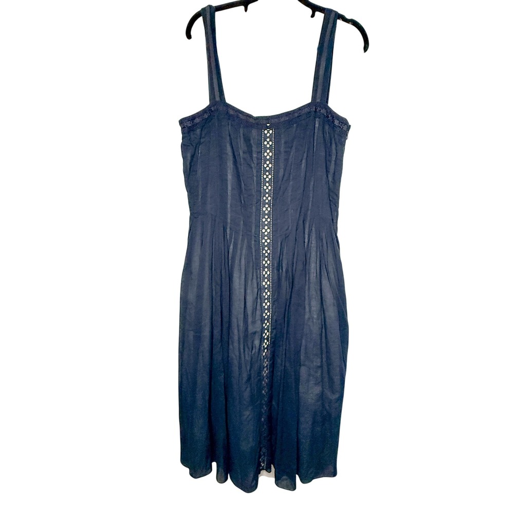 Adrianna Papell Dress 14 Navy Blue Cotton Midi Embroidered Boho Coastal